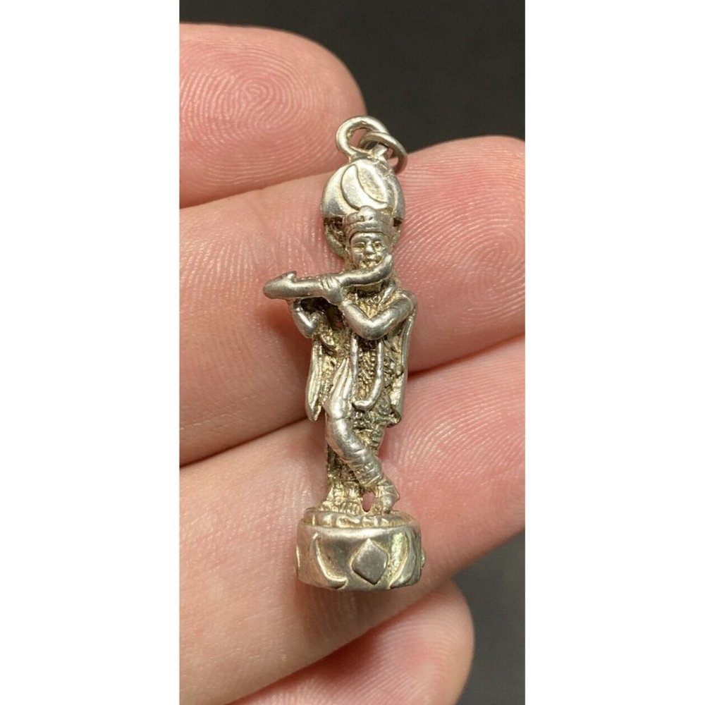 Vintage 925 Krishna Hindu God Pendant Charm With Moon & Flute Sterling Silver - Picture 2 of 6